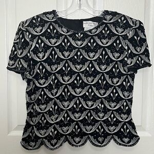 PAPELL BOUTIQUE Vintage Evening Silk Beaded Cap Sleeve Scallop Hem | size Large